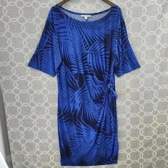 Madison Leigh Leaves Printed Scoop Neck Tied side Midi Shift Dress 2X - Picture 1 of 9